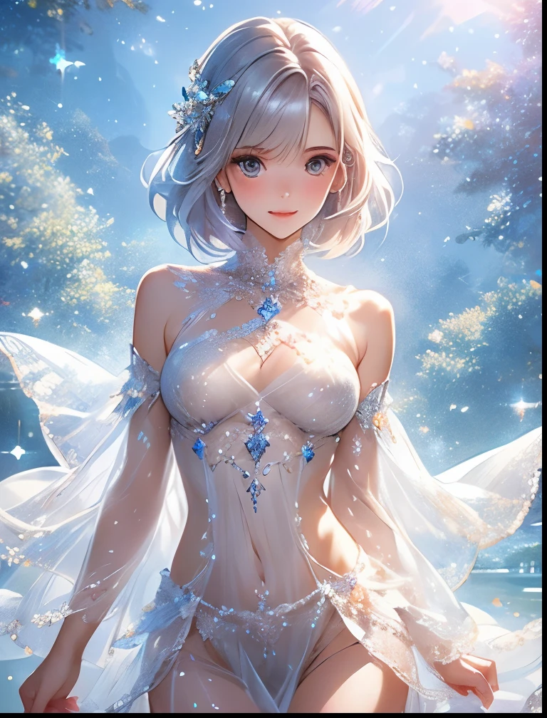 （（（ＳＦＷ、Precision、Highest quality、A first-class masterpiece、Normal body、8k、  Detailed Face 、Ultra-precision、 Normal hand、５refer to、Highest）））、Clean, pretty, and cute silver-haired beautiful girl wearing a transparent and glittering belly button see-through super high-leg cut dress that shows through her nipples