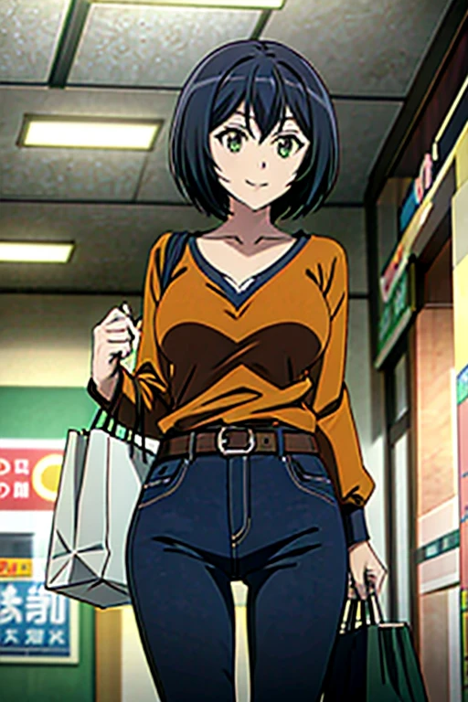 1girl, solo, Kanade sakurada, black hair, short hair, green eyes, orange shirt, v neck shirt, long sleeves, blue jeans, large breast,full boody, smiling, belt, shoping center, indoors, shopping bag, looking at the viewers, masterpiece,