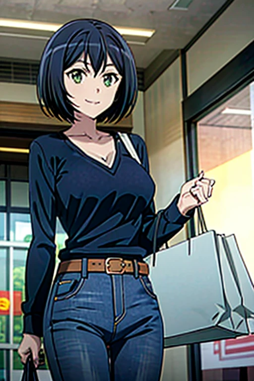 1girl, solo, Kanade sakurada, black hair, short hair, green eyes, orange shirt, v neck shirt, long sleeves, blue jeans, large breast,full boody, smiling, belt, shoping center, indoors, shopping bag, looking at the viewers, masterpiece,