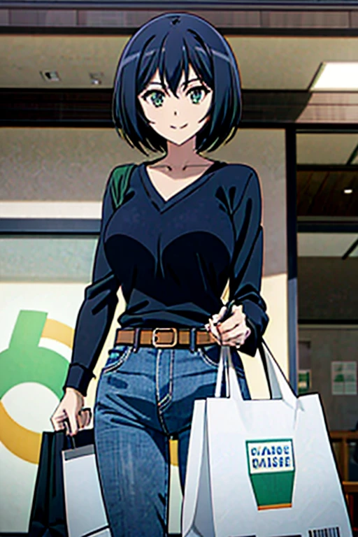 1girl, solo, Kanade sakurada, black hair, short hair, green eyes, orange shirt, v neck shirt, long sleeves, blue jeans, large breast,full boody, smiling, belt, shoping center, indoors, shopping bag, looking at the viewers, masterpiece,