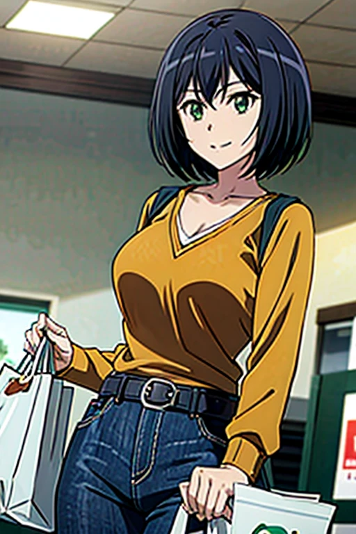 1girl, solo, Kanade sakurada, black hair, short hair, green eyes, orange shirt, v neck shirt, long sleeves, blue jeans, large breast,full boody, smiling, belt, shoping center, indoors, shopping bag, looking at the viewers, masterpiece,