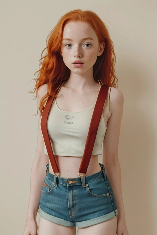 1girl in, age 12, Madelaine Petsch, photo of perfect woman, 5'3", Solo, Aesthetic artwork, (irish redhead, wavy ginger hair, shoulder length ginger hair:1.25), (some small freckles, pale skin, small breasts, A-cup, runners body, very thin waist, skinny, petite, detailed skin texture), (blank background, plain background, blank wall, (wearing no bra, no shirt, denim short shorts with low waste, (red suspenders: 1.25), (extremely detailed 8k wallpaper), soft lighting, high quality, film grain, Fujifilm XT3 sharp focus, f 5.6, 50mm, High Detail, Sharp focus,(natural light), crazy details, complex details, hyper detailed