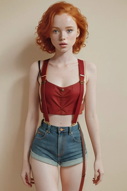 1girl in, age 12, Madelaine Petsch, photo of perfect woman, 5'3", Solo, Aesthetic artwork, (irish redhead, wavy ginger hair, shoulder length ginger hair:1.25), (some small freckles, pale skin, small breasts, A-cup, runners body, very thin waist, skinny, petite, detailed skin texture), (blank background, plain background, blank wall, (wearing no bra, no shirt, denim short shorts with low waste, (red suspenders: 1.25), (extremely detailed 8k wallpaper), soft lighting, high quality, film grain, Fujifilm XT3 sharp focus, f 5.6, 50mm, High Detail, Sharp focus,(natural light), crazy details, complex details, hyper detailed