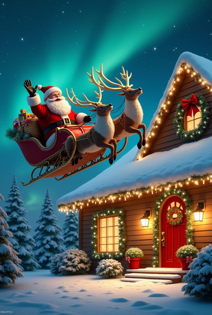 A magical Christmas scene featuring Santa Claus during a training session with his flying reindeer. He is gently landing on the roof of a beautifully decorated house, adorned with sparkling Christmas lights, pine wreaths on the windows, shimmering snowflake ornaments hanging from the eaves, and a large red bow on the front door. Santa, dressed in his traditional red and white suit, holds a massive sack full of gifts while waving cheerfully with his free hand. His reindeer, wearing golden harnesses adorned with tiny jingling bells, are perfectly aligned in front of the sleigh. The night sky above is filled with stars and a soft glow of the northern lights, adding to the festive magic. A thin layer of snow blankets the roof and garden, reflecting the glow of the decorations and creating a warm and enchanting Christmas atmosphere.