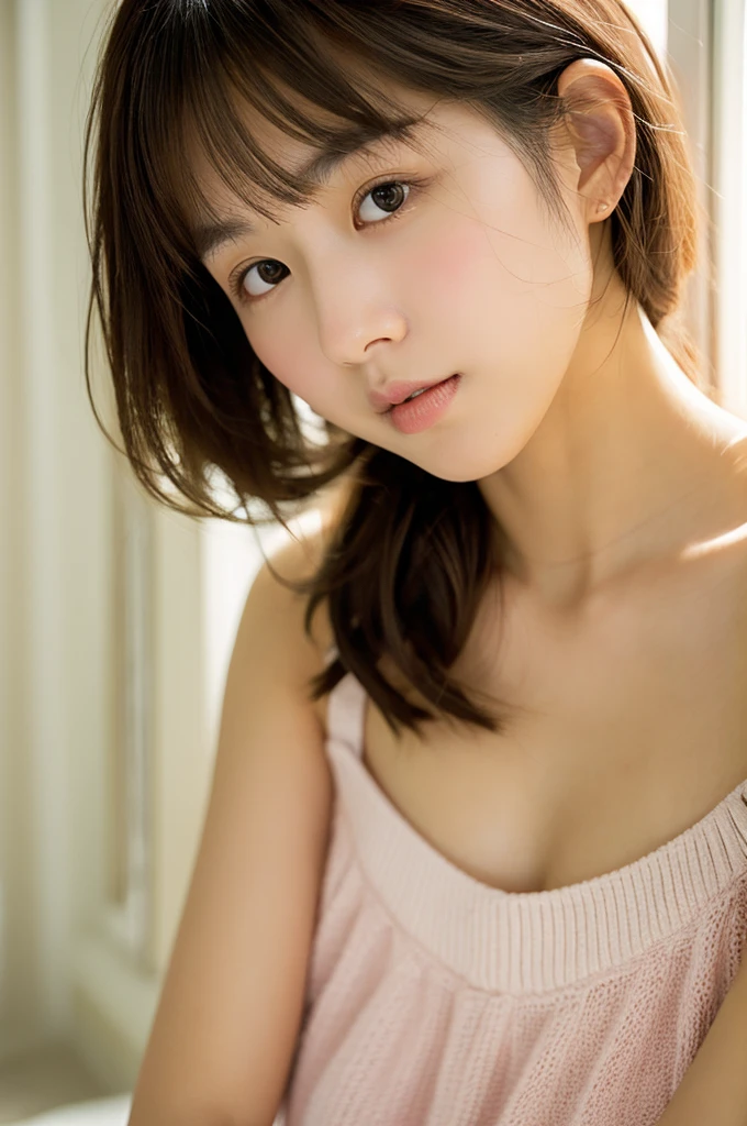 A close-up, photorealistic portrait of a young Japanese woman with ...