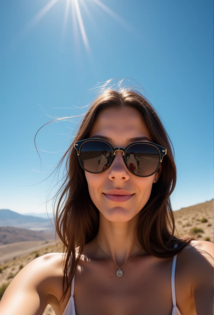  Isabella's selfie abroad, wearing sunglasses ,  somewhere in southern Chile ,The sky is clear, It's 9 in the morning  