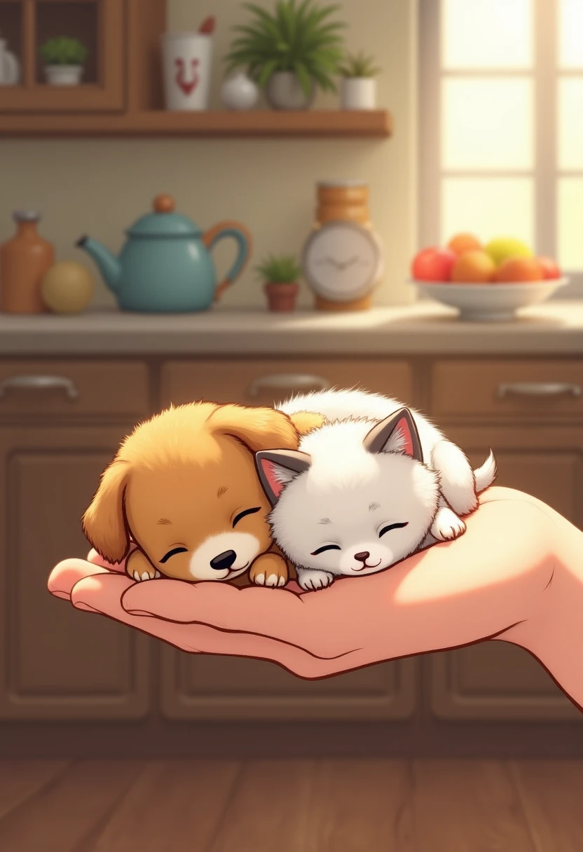 "A highly detailed and realistic illustration of an ultra-tiny dog and an ultra-tiny cat sleeping peacefully on a human palm. Both animals are incredibly small, with delicate and adorable features. The dog has short caramel-colored fur, and the cat has fluffy white fur with a hint of gray. The human hand highlights their miniature size, showing their tiny paws and closed eyes. The setting is a cozy kitchen, with warm, natural lighting. In the background, there is a countertop with a fruit bowl, a kettle, and other homely kitchen elements. The atmosphere is warm and inviting, emphasizing the gentle and cute moment."

