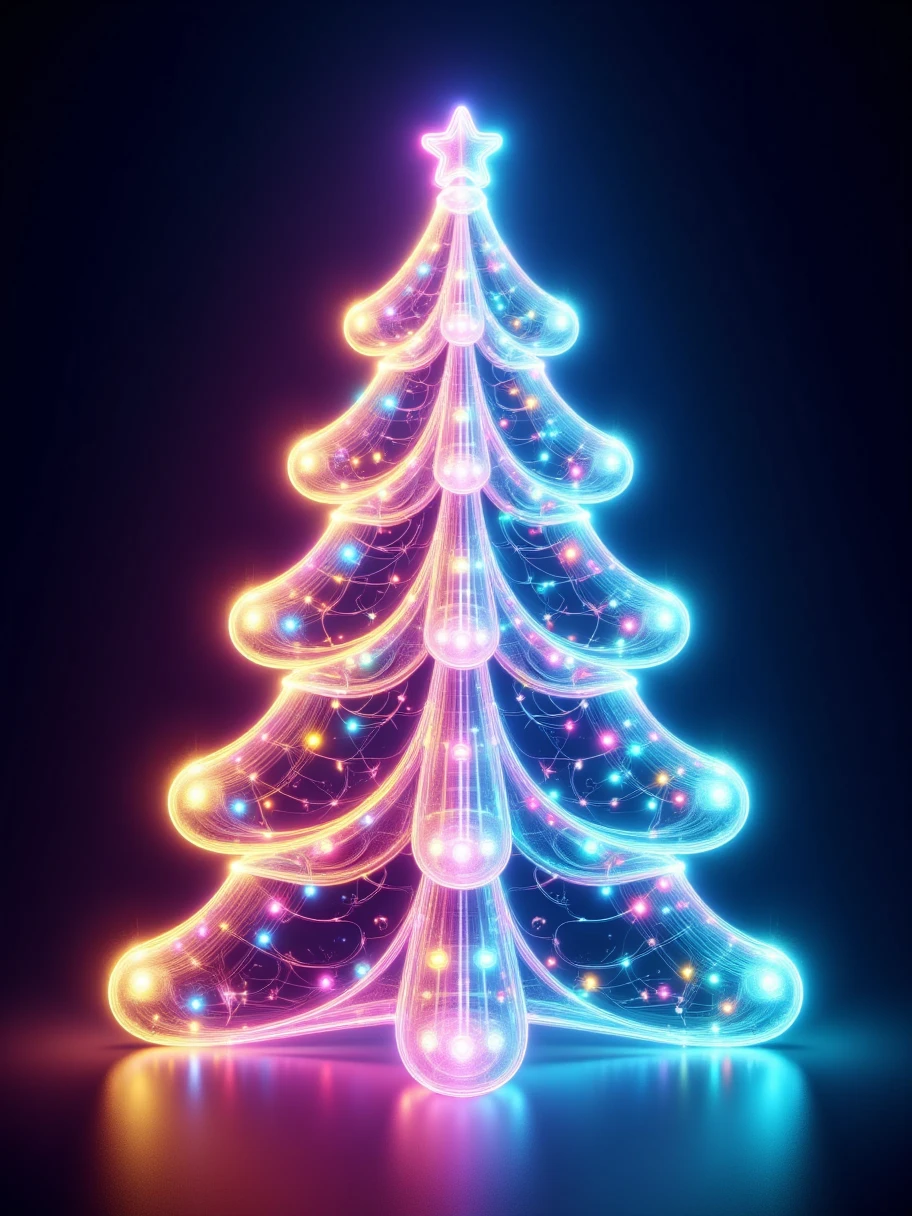 1 transparent glowing Christmas tree, Colorful transparent luminous plastic, Christmas decorations, Product design, luminous neon lights, Christmas background, hyper realisitc, hyper HD, high detal, best qualityer, 8K