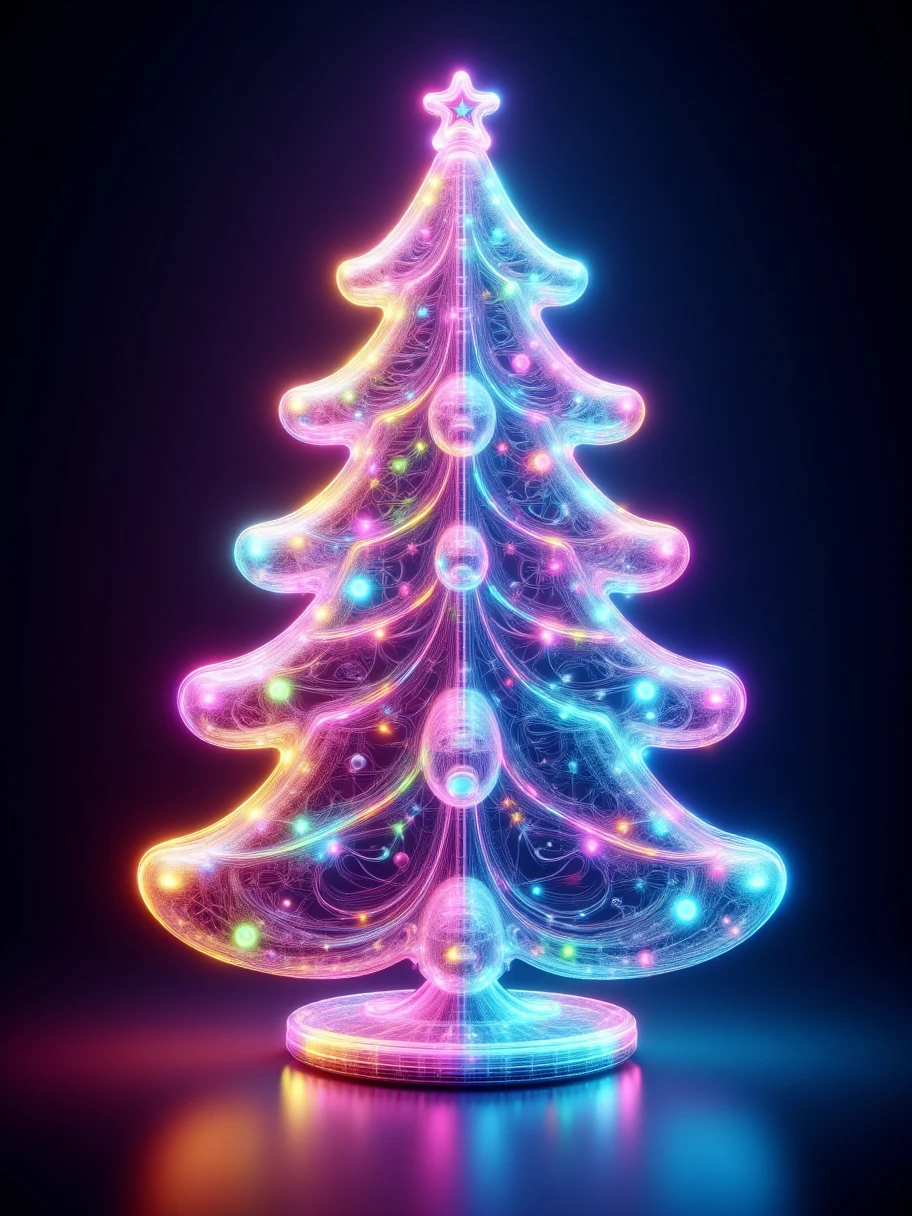 1 transparent glowing Christmas tree, Colorful transparent luminous plastic, Christmas decorations, Product design, luminous neon lights, Christmas background, hyper realisitc, hyper HD, high detal, best qualityer, 8K