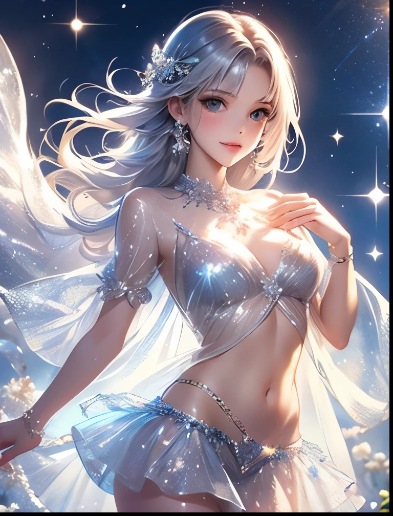 (((SFW、Precision、Highest quality、A first-class masterpiece、Normal body、8k、 Detailed Face 、Ultra-precision、 Normal hand、5refer to、Highest)))、Neat, pretty, and cute silver-haired beautiful girl wearing a transparent and glittering belly button see-through miniskirt that shows through her nipples