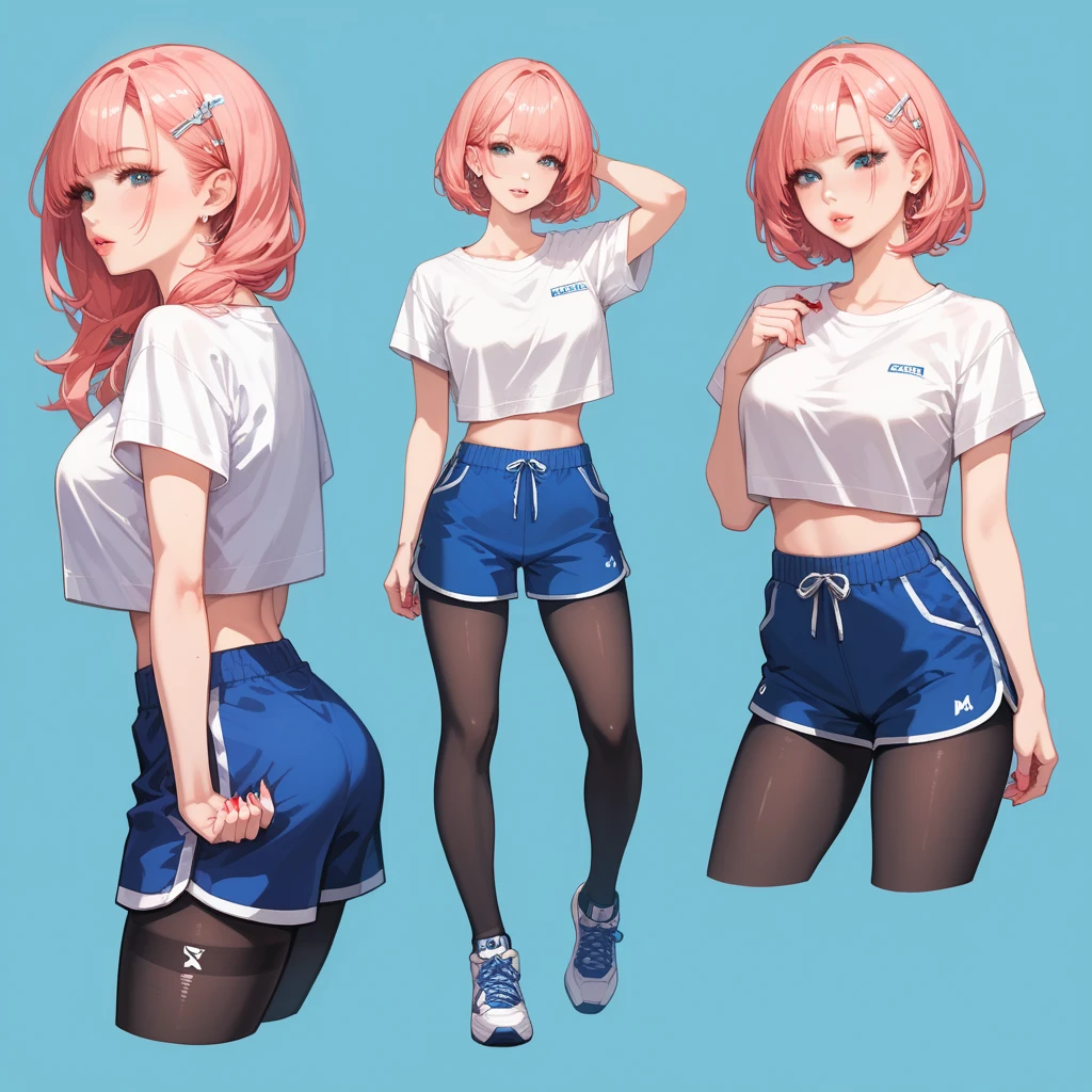 masterpiece, best quality, high quality, High definition, High quality texture, High quality shadow, high detail, beautiful detailed, finely detailed, extremely detailed cg, detailed texture, a realistic representation of the face, realistic, colorful, delicate, sharp focus, (intricate details, makeup, PureErosFace_V1:0.5), (detailed beautiful delicate face, detailed beautiful delicate eyes, a face of perfect proportion, high detailed skin, detailed skin, best ratio four finger and one thumb, skiny and thin:1.3), 1girl, 17 years old, tall, (smooth_abs:1.55), (abs:0.5), pretty, masterpiece, highres, (long_skinny_legs), (straight_legs), (skinny_waist), (((fair skin))), white skin, (((pale skin))), pink sports Bandeau, (school_uniform:swim_suits:0.5), white shorts, standing legs apart, looking at viewer, pink sports shoes, glasses, (Emma_watson), big_breast, (((Caucasian))), Light blonde hair, pink and white, sakura leaves