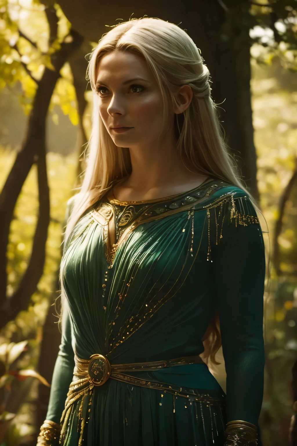 Full-body portrait. Galadriel in a Magic Forest. Detailed face, intricate, realistic, 4K, skin Textures, glowing, masterpiece, best quality.