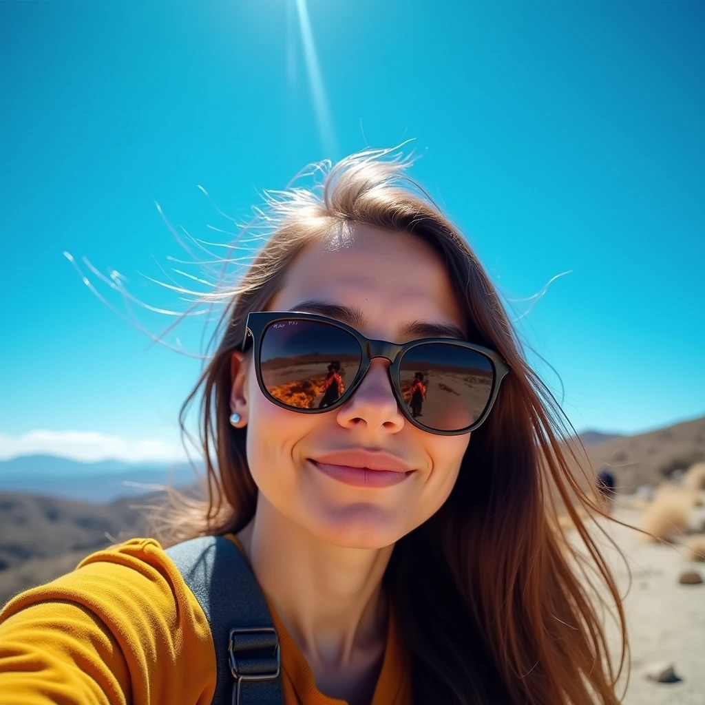  Isabella's selfie abroad, wearing sunglasses ,  somewhere in southern Chile ,The sky is clear, It's 9 in the morning  