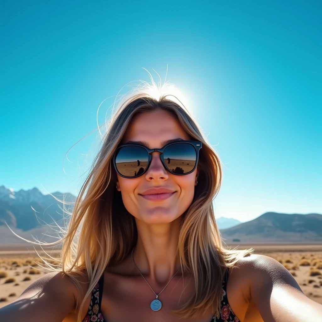  Isabella's selfie abroad, wearing sunglasses ,  somewhere in southern Chile ,The sky is clear, It's 9 in the morning  