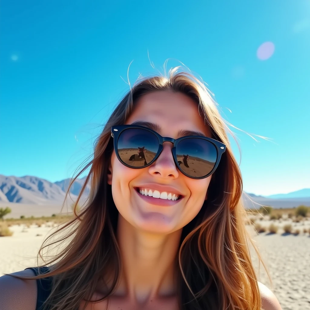  Isabella's selfie abroad, wearing sunglasses ,  somewhere in southern Chile ,The sky is clear, It's 9 in the morning  