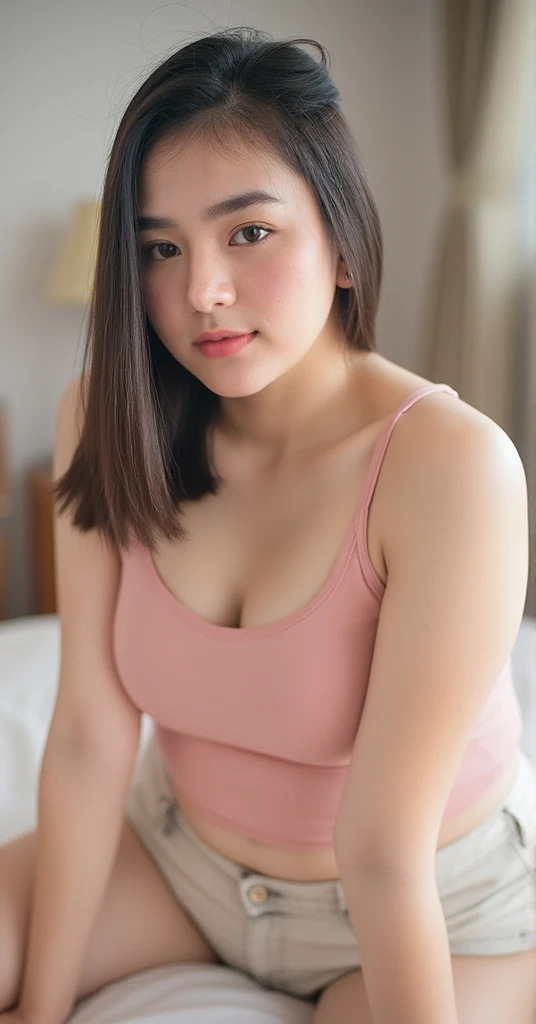 4k, masterpiece, best high quality, ultra-detailed, (ultra realistic:1.3), (clean photo:1.2), (ultra high resuliton:1.3), (soft lighting:1.2), (perfect image coloring), (bright lighting:1.2), indonesian face, beautiful face, perfect indonesian girl, , (plump body), chest forward, smooth skin, thin smile, background in the bedroom, (A girl wearing spaghetti strap satin tank top, cotton short drawstring)), full body view photos, high nose, thick lips, (huge breasts), ((Side Bubble Braid hairstyle, brown hair color)), eyeballs wearing eye lenses, bulging eyes,