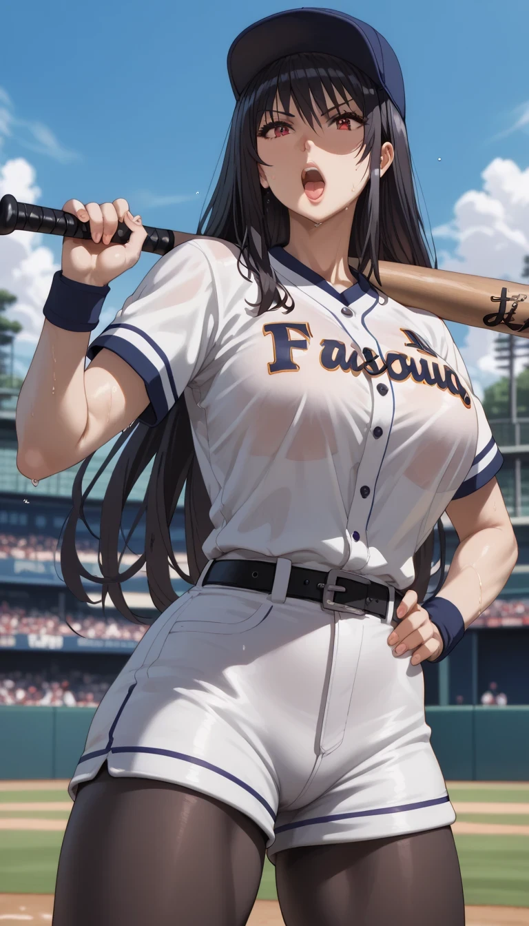 Source anime, Tall girl, Fit girl,score_9, score_8_up, score_7_up, score_6_up, uncensored, claire kagenou, long hair, black hair, red eyes, huge breast, 1girl, baseball_bat, baseball_uniform, hat, sportswear, shorts, breasts, belt, baseball_cap, large_breasts, open_mouth, sweat, pantyhose, holding, solo_focus, thighs, clothes_writing