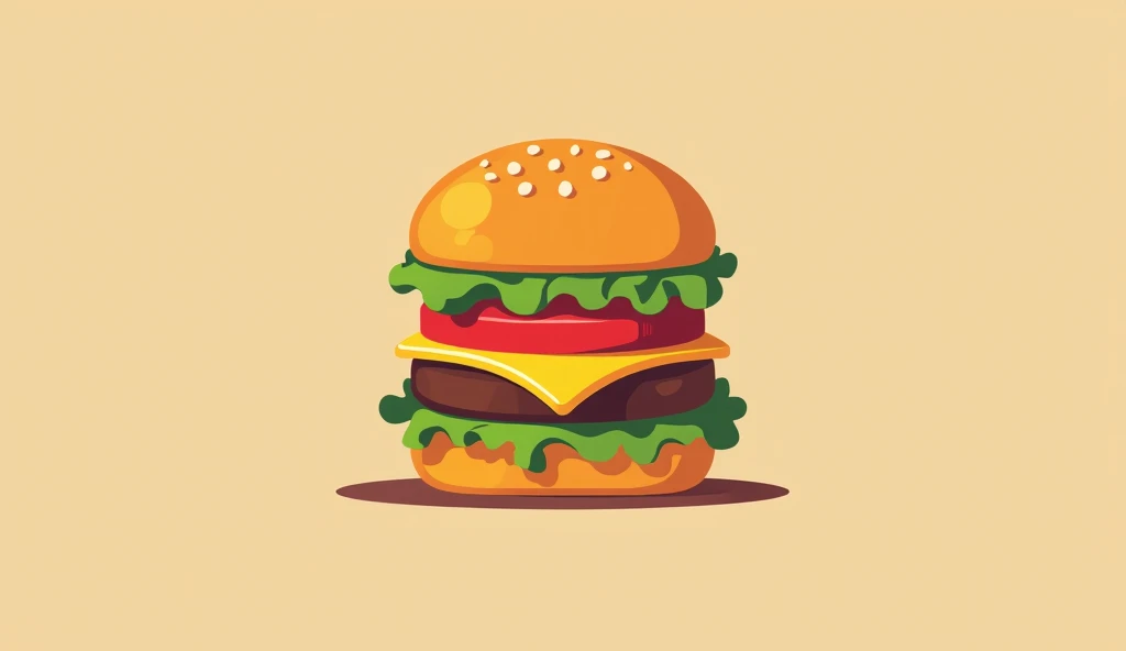 Design a bold logo featuring a stacked burger: golden bun, crisp lettuce, juicy beef patty, melted cheese, and fresh tomato. Keep it minimalist, modern, and appetizing with warm, inviting colors.