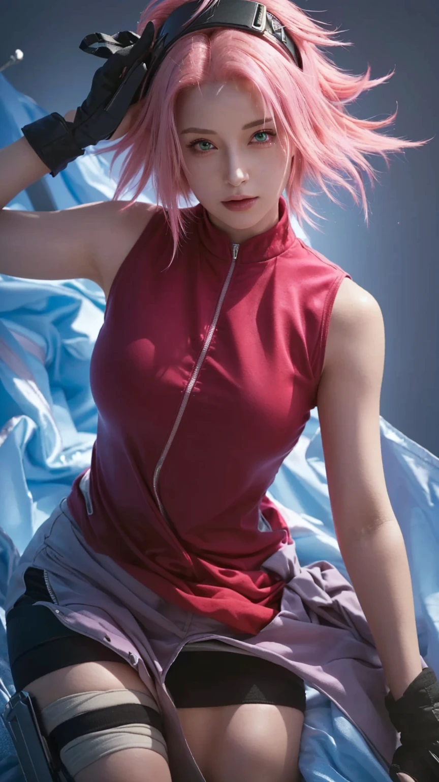 masterpiece, ,(solo:1.1), perfect face, (bright lighting:1.2),beautiful detailed eyes, extremely detailed face, perfect lighting,masterpiece, best quality, 1girl,haruno sakura, red sleeveless dress, white pants, bracelets, forehead mark, red hairband, small breast, medium hips, solo