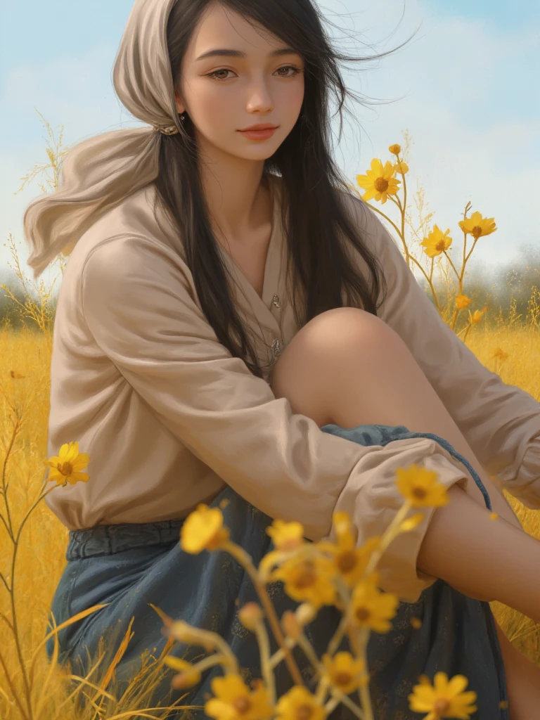 Image is a digital artwork featuring a young woman in a pastoral setting. She has fair skin and long, flowing dark hair adorned with a light-colored headscarf. Her facial features are delicate, with large eyes and a serene expression. She is wearing a cream-colored blouse and a blue skirt, sitting in a field of yellow flowers under a bright, clear sky. The colors are vibrant, with a warm, golden hue dominating the scene, suggesting a sunny day. The composition is balanced, with the subject positioned slightly off-center, creating a sense of movement and tranquility. The overall style is reminiscent of classical paintings, with a focus on natural beauty and harmony with the environment.