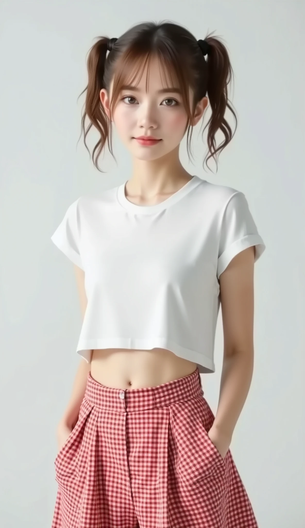    High image quality   、masterpiece、Realistic、    perfect anatomy  , ******* Girl ，cute女の子、超cute、Where's the hair   、Very short，、zoom、cute、  Grey Eyes 、、   twin tails、Glasses、   white t-shirt、(     gingham check culotte skirt:1.37)， red stockings、 red garter belt、belly button，blank， black light