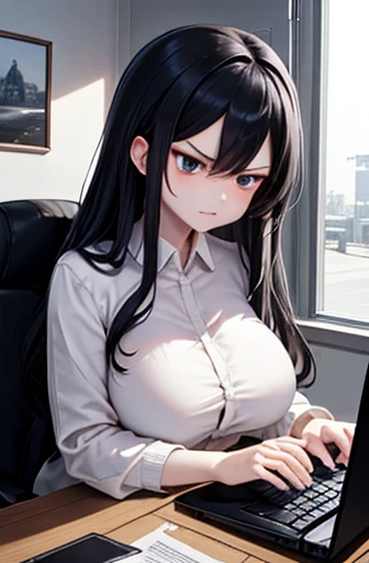 short hair,Black hair,Bangs cover your eyes,The Office Girl,Short Skirt,black silk stockings,sitting in an office chair,Computer,Office,Look up perspective,white shirt,Blush,Awkward,black frame glasses,unhappy,