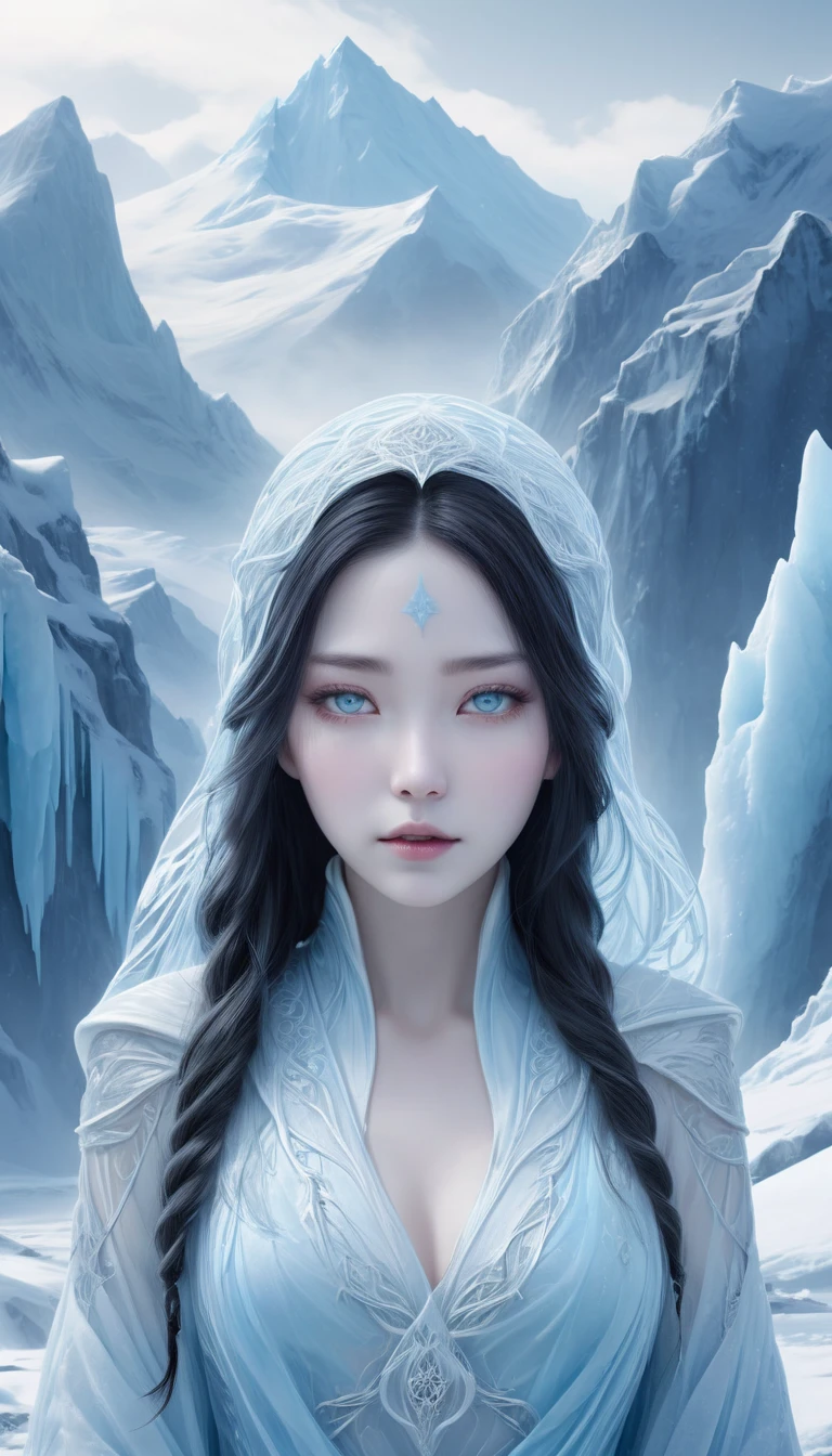 (((  surrenders ))) photograph,( super detailed face),((light)),A hyper-realistic and hauntingly beautiful depiction of a young Yuki-onna, appearing as a  girl, standing amidst a stark Antarctic ice mountain landscape. Her porcelain-white skin glows softly against the icy blue and white surroundings, giving her an ethereal, otherworldly presence. Her long, flowing hair, as white as freshly fallen snow, cascades down her back, blending with the frost-covered terrain. Her large, piercing icy blue eyes hold an innocent yet hauntingly cold gaze, exuding both like wonder and an unsettling chill. She wears a delicate, flowing robe made of translucent ice-like fabric that flutters gently in the glacial winds, giving her a ghostly, magical aura. Frost and snow swirl softly at her bare feet, and her presence causes the air around her to shimmer with a frosty haze. Towering ice mountains rise behind her, their jagged peaks glowing faintly under the pale light of a frozen sun, completing the mesmerizing and enigmatic scene