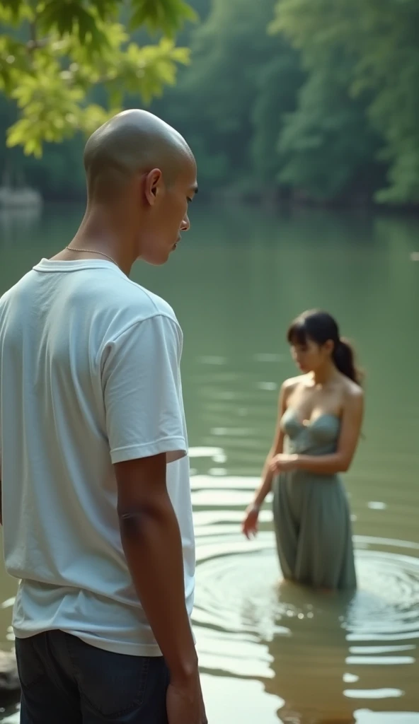 A black haired woman, dark and wavy, slanted eyes, meditates next to a short-haired Caucasian man, near a lake with lotus flowers in tibet.