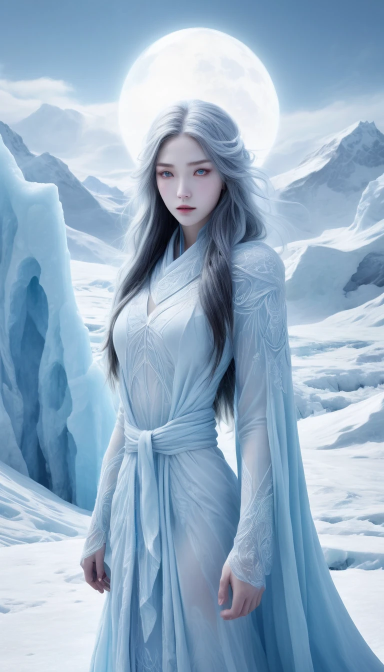 (((  surrenders ))) photograph,( super detailed face),((light)),A hyper-realistic and hauntingly beautiful depiction of a young Yuki-onna, appearing as a  girl, standing amidst a stark Antarctic ice mountain landscape. Her porcelain-white skin glows softly against the icy blue and white surroundings, giving her an ethereal, otherworldly presence. Her long, flowing hair, as white as freshly fallen snow, cascades down her back, blending with the frost-covered terrain. Her large, piercing icy blue eyes hold an innocent yet hauntingly cold gaze, exuding both like wonder and an unsettling chill. She wears a delicate, flowing robe made of translucent ice-like fabric that flutters gently in the glacial winds, giving her a ghostly, magical aura. Frost and snow swirl softly at her bare feet, and her presence causes the air around her to shimmer with a frosty haze. Towering ice mountains rise behind her, their jagged peaks glowing faintly under the pale light of a frozen sun, completing the mesmerizing and enigmatic scene