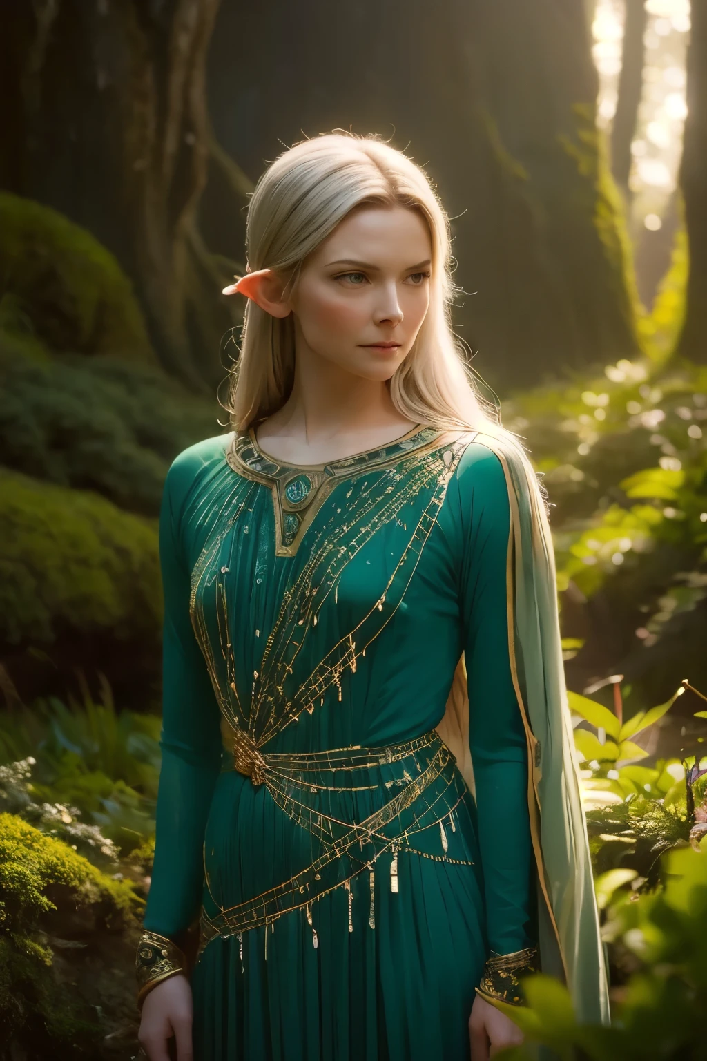 Galadriel, a radiant elven queen, standing gracefully in a magical elven forest bathed in soft, ethereal light. She is wearing a flowing green dress adorned with intricate golden embroidery, reminiscent of delicate vines and leaves, perfectly complementing the lush surroundings. Her long, silvery hair cascades over her shoulders, glowing softly in the dappled sunlight filtering through ancient, towering trees. The forest is alive with magical energy, featuring bioluminescent flowers, sparkling streams, and faint, glowing particles floating in the air. Her expression is serene and wise, her piercing eyes reflecting the timeless beauty and wisdom of the elves. The scene is infused with an otherworldly atmosphere, with fine details in the textures of her dress, the bark of the trees, and the vibrant flora. Photorealistic rendering, ultra-high-definition, with dramatic, yet soft lighting highlighting her elegance and the magical ambiance of the forest.