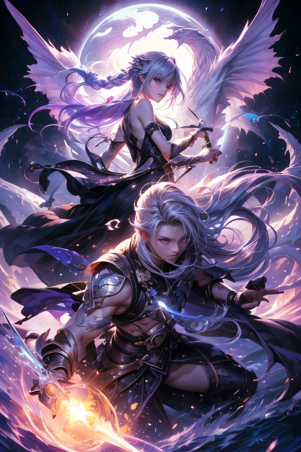 highest quality、Masterpiece、Official Art、Award-winning works、The best composition、A couple, a man and a woman, are riding on the back of a White Dragon.、Picture facing the viewer、god々Shii、yinji,1girl,Alone, purple eyes, long hair, twin braids, purple hair, multicolored hair, elbow gloves, bangs, very long hair,bare shoulders, black skirt, grey hair, dress, smile, side cutout,covered navel, Star、流Star群、universe、White Dragon、
