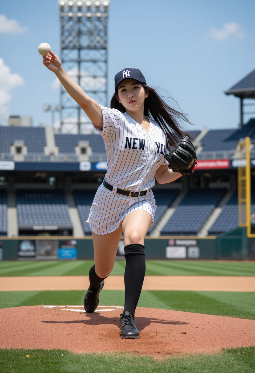 a beautiful japanese girl with black hair, wearing a yankees dress, pitching a fast ball on the mound in yankees stadium, wearing a yankees cap, beautiful long legs, large breasts, masterpiece, best quality, extremely detailed, 8k