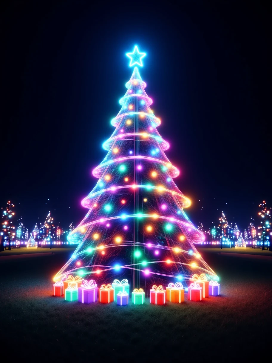 vibrant Christmas tree, multicolored LED lights, grownd shot,no characters, large tree, star topper, shiny ornaments, red gifts, grass field, outdoor night, colorful outline lights, decorative reindeer, festive, sparkling, magical holiday atmosphere, ral-ledlights