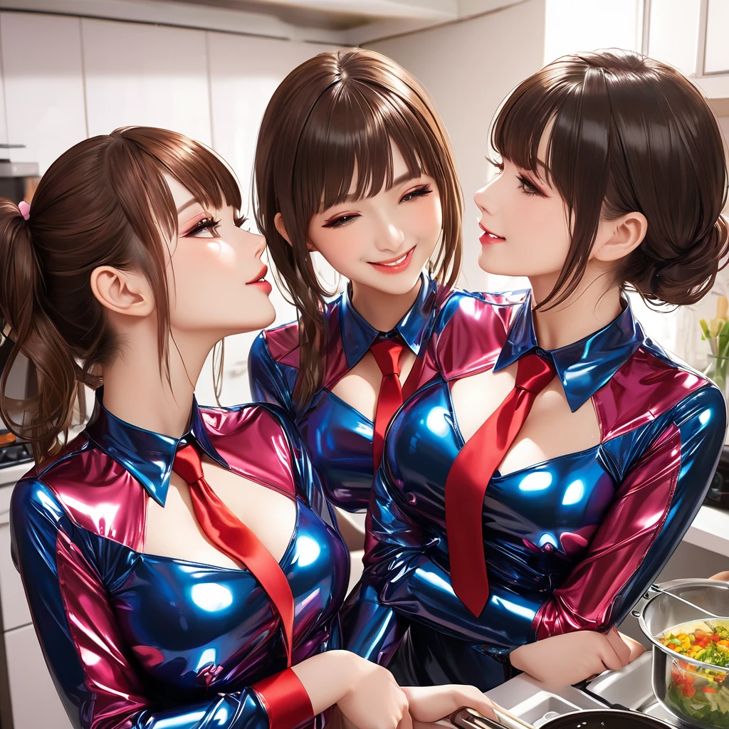 3 girls,  masterpiece, Lens reflection, Reflected light, Buttoned into extremely tight shiny multicolor latex blouse,  high resolution , Make-up,  seductive smile , Are in the apartment and while cooking,  brown hair , Bangs, kiss, Necktie 