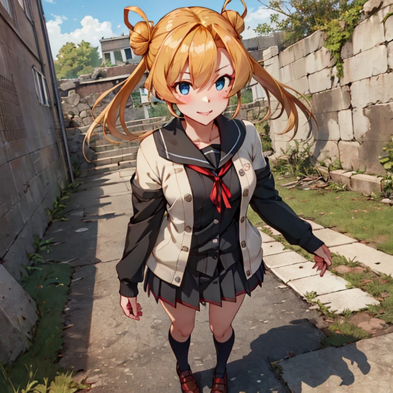 abukuma_kantaicollection
blonde_hair, long_hair, blue_eyes, hair_bun, double_bun, hair_rings, twintails, serafuku, hair_between_eyes, open_mouth
(masterpiece,best quality,ultra detailed,hyper detailed,exquisite,beautiful:1.4),(art CG, 8K),1girl,solo,KonishiCSA,(full body:1.2), blush,smile,(standing:1.4),
school uniform, cardigan,Ancient City Ruins
