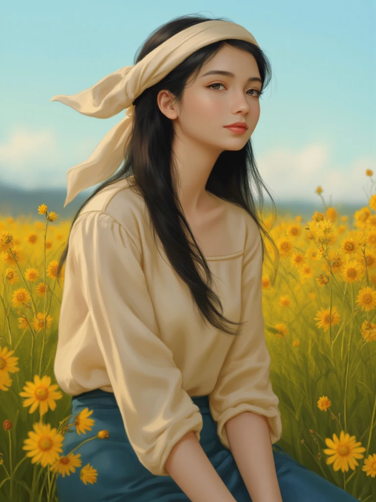 Image is a digital artwork featuring a young woman in a pastoral setting. She has fair skin and long, flowing dark hair adorned with a light-colored headscarf. Her facial features are delicate, with large eyes and a serene expression. She is wearing a cream-colored blouse and a blue skirt, sitting in a field of yellow flowers under a bright, clear sky. The colors are vibrant, with a warm, golden hue dominating the scene, suggesting a sunny day. The composition is balanced, with the subject positioned slightly off-center, creating a sense of movement and tranquility. The overall style is reminiscent of classical paintings, with a focus on natural beauty and harmony with the environment.