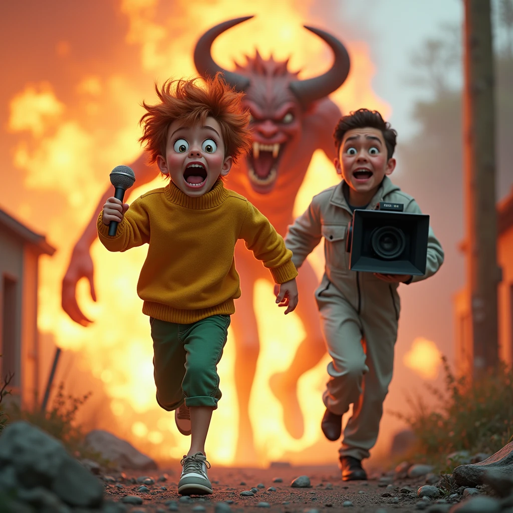  funny comedy shot , April correspondent, 22 years old  ,  with short red hair covered in black hair ,  and with crazy eyes  ,in a yellow sweater,  and green capri ,  with the microphone in his right hand ridiculously runs away from the scary and funny fire demon, ( jumpsuit, a demon covered in black scales and with burning amber eyes ),  with fear  ( a 45-year-old man with dark hair holds a loud TV camera in his right hand )  with a big TV camera ( movie camera ,big shoulder )  in hand and quickly jumps from the demon  ( The cameraman with eyes looking in different directions ,with the crazy face , with her mouth ajar and protruding with his tongue (, the cameraman is wearing a light gray )),( runs away with a big camera in her hand and quickly jumps from the demon  ), in the background smoking ruins of a house ,  photorealism , comedy style , focus on the correspondent and cameraman , (a demon 2 meters tall ,)