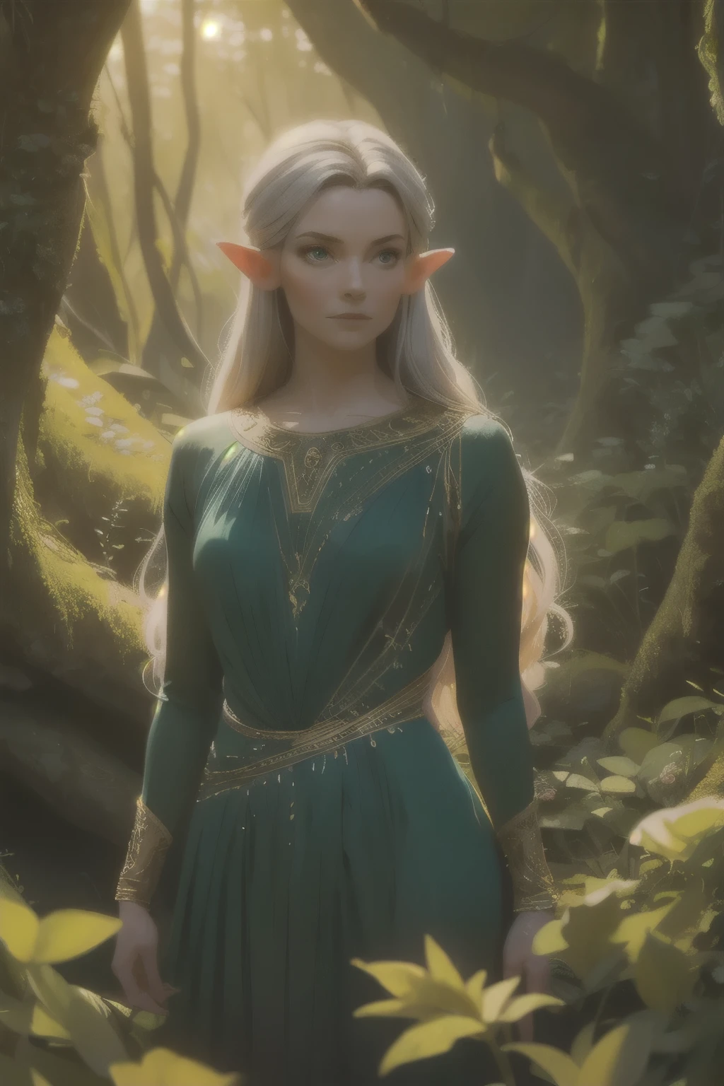 Galadriel, a radiant elven queen, standing gracefully in a magical elven forest bathed in soft, ethereal light. She is wearing a flowing green dress adorned with intricate golden embroidery, reminiscent of delicate vines and leaves, perfectly complementing the lush surroundings. Her long, silvery hair cascades over her shoulders, glowing softly in the dappled sunlight filtering through ancient, towering trees. The forest is alive with magical energy, featuring bioluminescent flowers, sparkling streams, and faint, glowing particles floating in the air. Her expression is serene and wise, her piercing eyes reflecting the timeless beauty and wisdom of the elves. The scene is infused with an otherworldly atmosphere, with fine details in the textures of her dress, the bark of the trees, and the vibrant flora. Photorealistic rendering, ultra-high-definition, with dramatic, yet soft lighting highlighting her elegance and the magical ambiance of the forest.