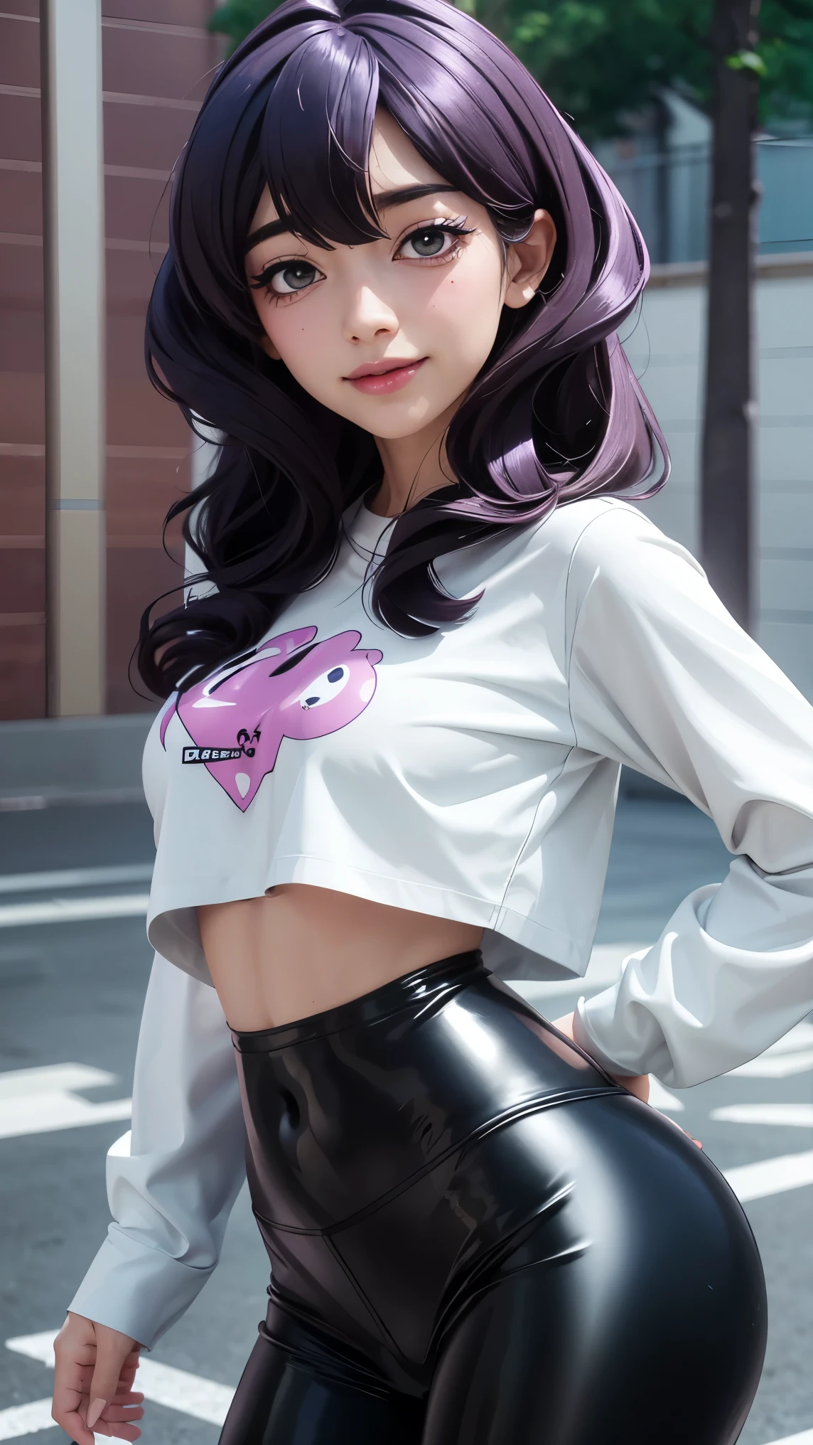 utena hiiragi, magia baiser, underboob shirt, latex leggings, perfect ass, perfect breast, perfect body, slim, sexy, beautiful, cute, smiling, 8k, ultra-detailed, realistic, photorealistic, photo-realistic:1.37, best quality, 4k, highres, masterpiece:1.2