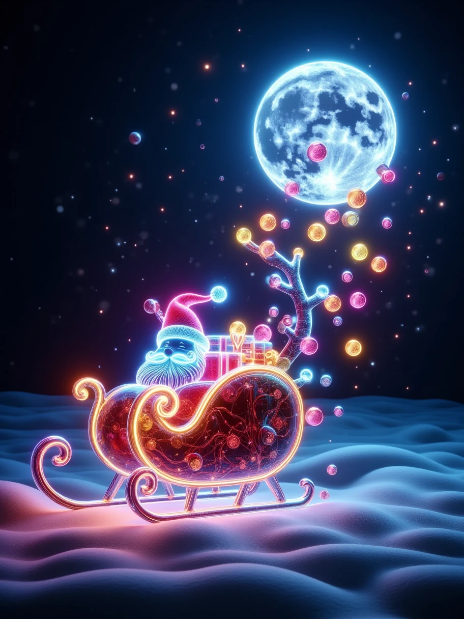 A nocturnal winter landscape filled with magic and holiday spirit. Santa Claus, the legendary gift-bringer, is depicted riding a sleigh pulled by flying reindeers. His sack is overflowing with shimmering cryptocurrency coins, which are scattering in the air, giving an appearance of a glittery snowfall. The entire scene occurs under the soft, celestial light of the moon, which casts an ethereal gleam that brings vibrancy to the colors of the coins. The image represents a clear, high-quality photograph with a hint of fantastical elements and seasonal joviality.