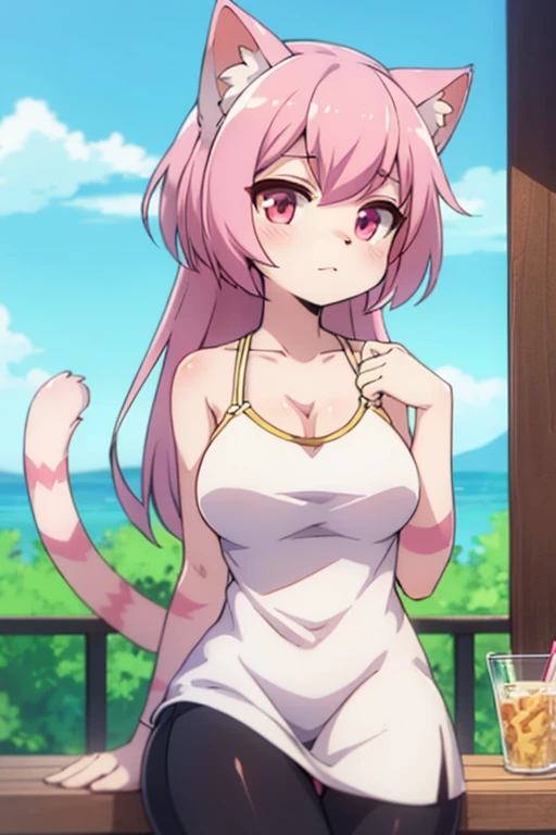 cover page(1girl, solo, cat girl)seashore, Oak green, Gold Chain on Oak Tom, And during at night,