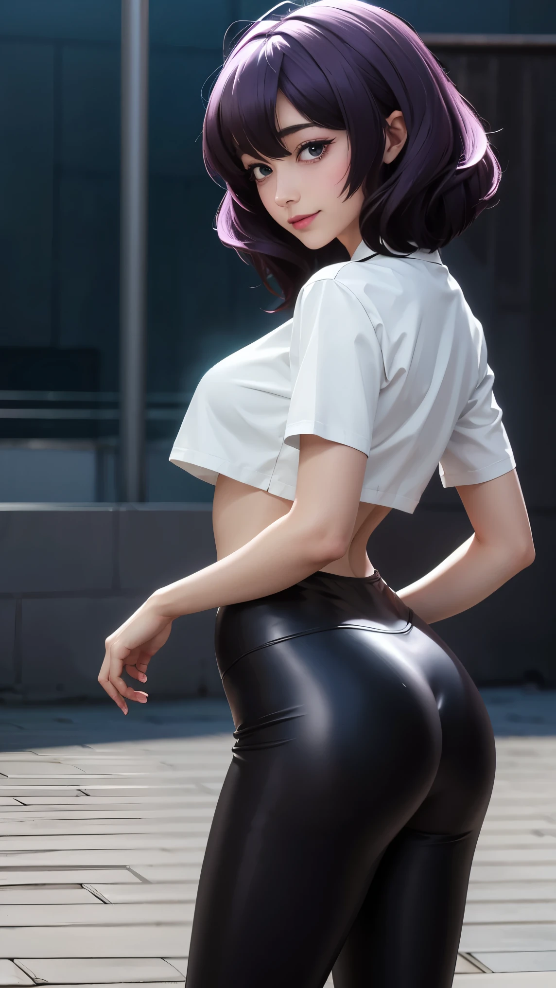 utena hiiragi, magia baiser, underboob shirt, latex leggings, perfect ass, perfect breast, perfect body, slim, sexy, beautiful, cute, smiling, 8k, ultra-detailed, realistic, photorealistic, photo-realistic:1.37, best quality, 4k, highres, masterpiece:1.2, back view 