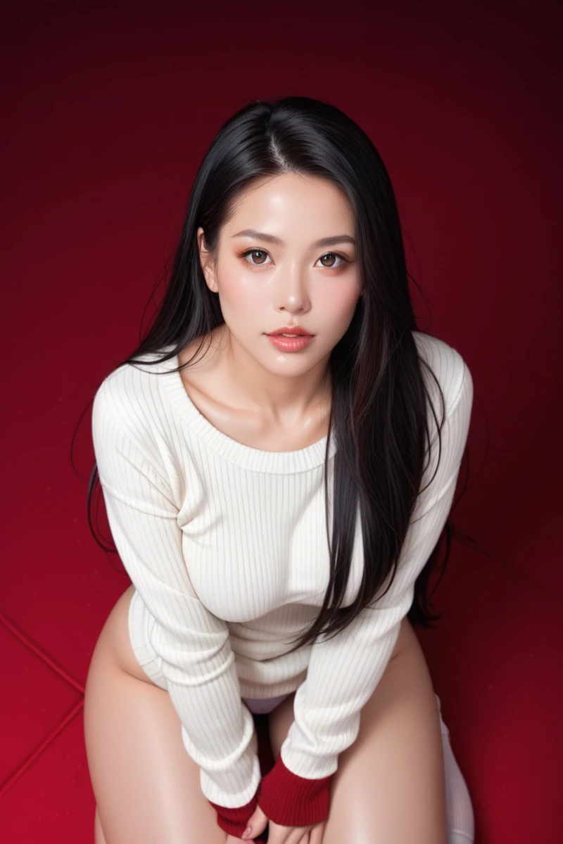 ,score_9,score_8_above,score_7_above,  20 years old , 8k, HD,  beautiful,  black hair,  very long hair , straight hair,  with your mouth shut,
1 ,   detailed face, mulher beautiful, kneeling,exposed thighs,corpo sexy,  thick thighs ,sweater,  Red Background ,  Looking at the viewer, excellent anatomy 