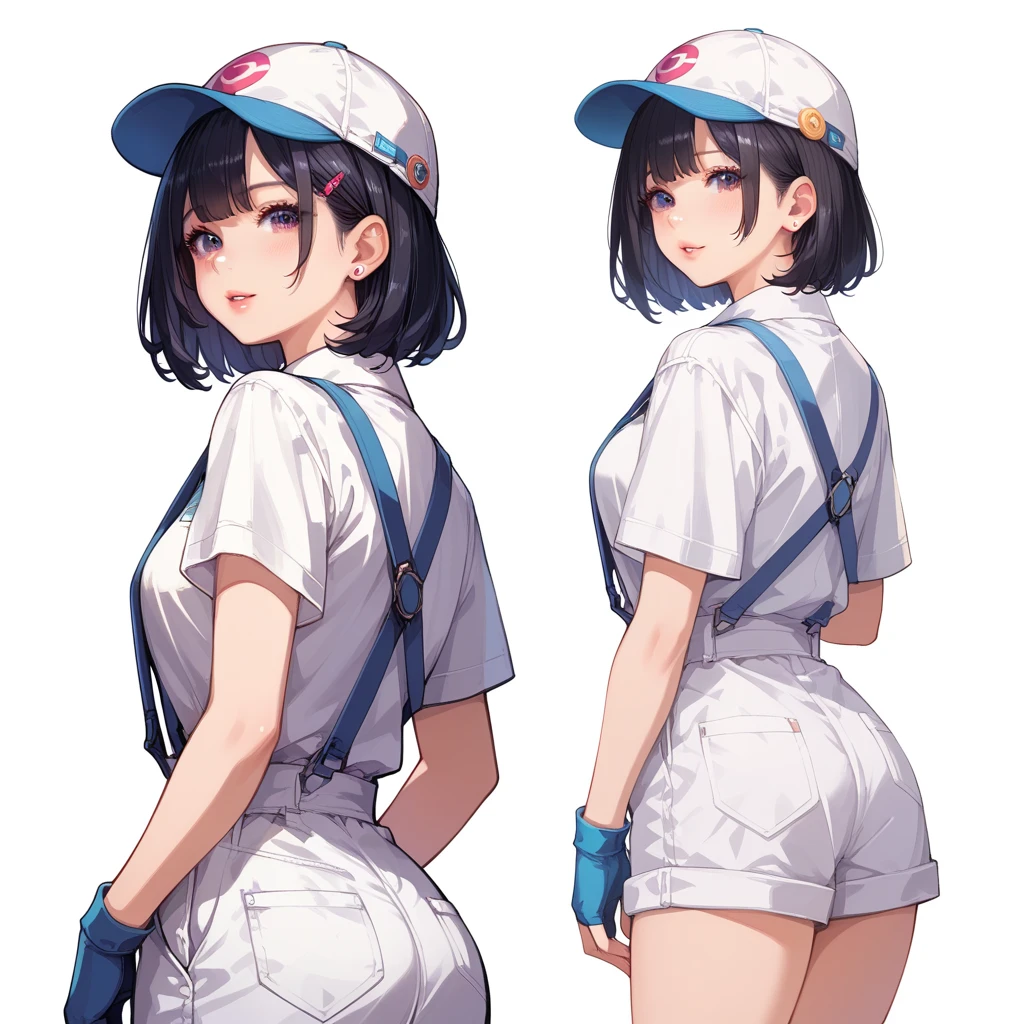mgs1,1girl,bettiepm,side bangs,single hair bun,black hair,baseball cap,tshirt,blue shorts,black pantyhose,white t shirt,<lora:Bettie:0.7>, <lora:mgs1:1>