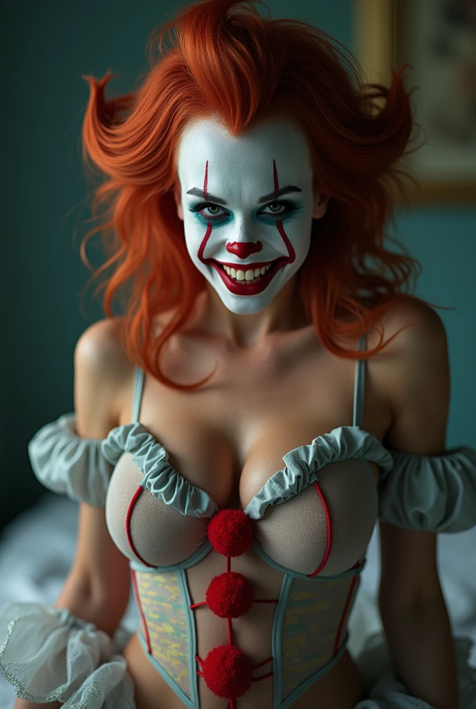 Arms up sweaty pits clown girl scary ghost girl naked girl big breast realistic details photo detailed armpit wrinkles detailed quality