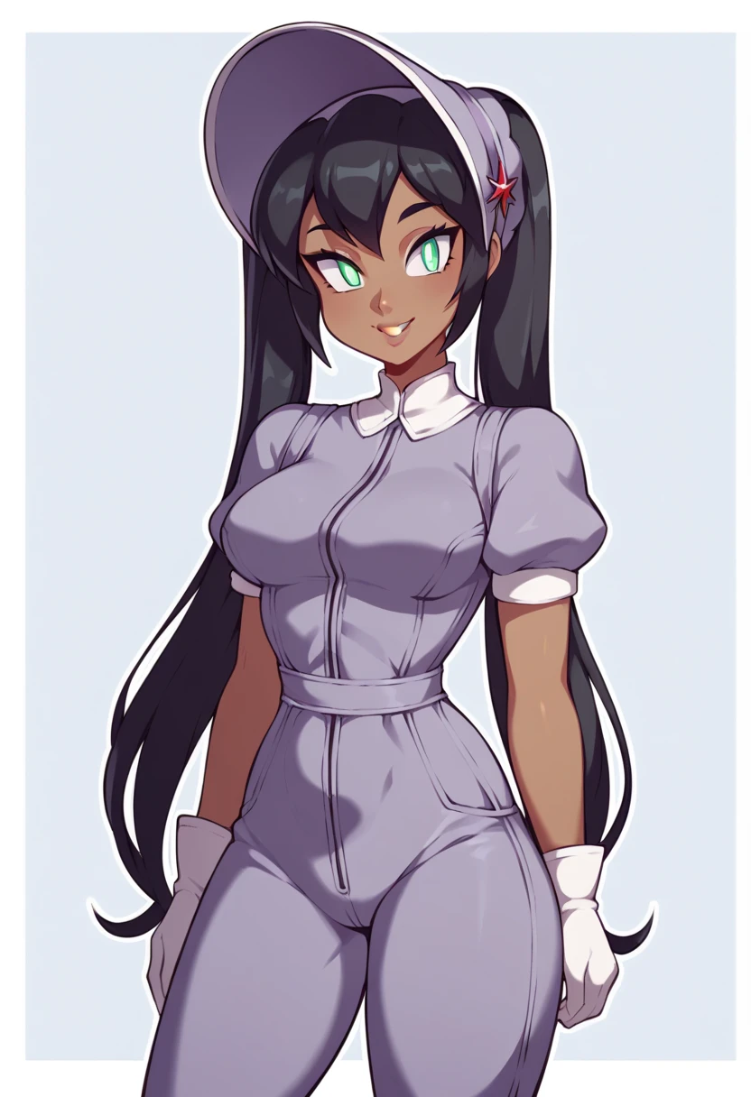 score_9, score_8_up, score_8, medium breasts, (curvy), cute, eyelashes,       ,,, , ,,, zzHapu, grey eyes, black hair, long hair, twintails, very long hair, dark skin, bright pupils, white pupils, gloves, purple bonnet, short sleeves, jumpsuit,   BREAK, smile, looking at viewer, ,,, abstract background, white outline, cowboy shot, ,,, embedding:zPDXL, Expressiveh, ,,, 