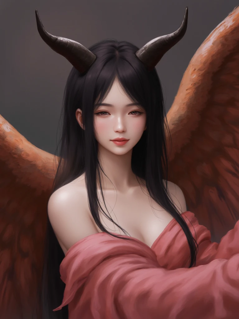 Image is a digital artwork featuring a fantasy-themed portrait of a young woman with a serene expression. She has pale skin and long, dark hair cascading over her shoulders. Her facial features are delicate, with a slight blush on her cheeks. The woman is adorned with large, dark, horn-like structures protruding from her head, adding a mythical element. She is wrapped in a flowing, pinkish-red fabric that drapes elegantly around her body. Behind her, large, textured wings in shades of red and brown extend outward, enhancing the fantastical theme. The background is softly blurred, focusing attention on the subject. 