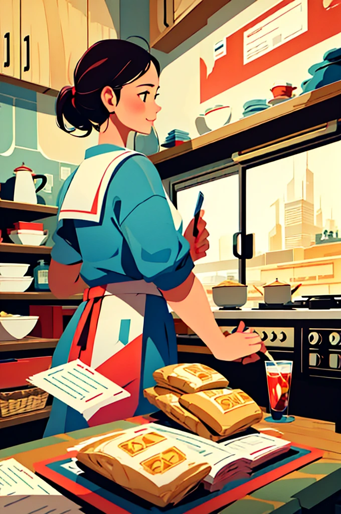 a woman stay in kitchen and cooking, 2d illustration