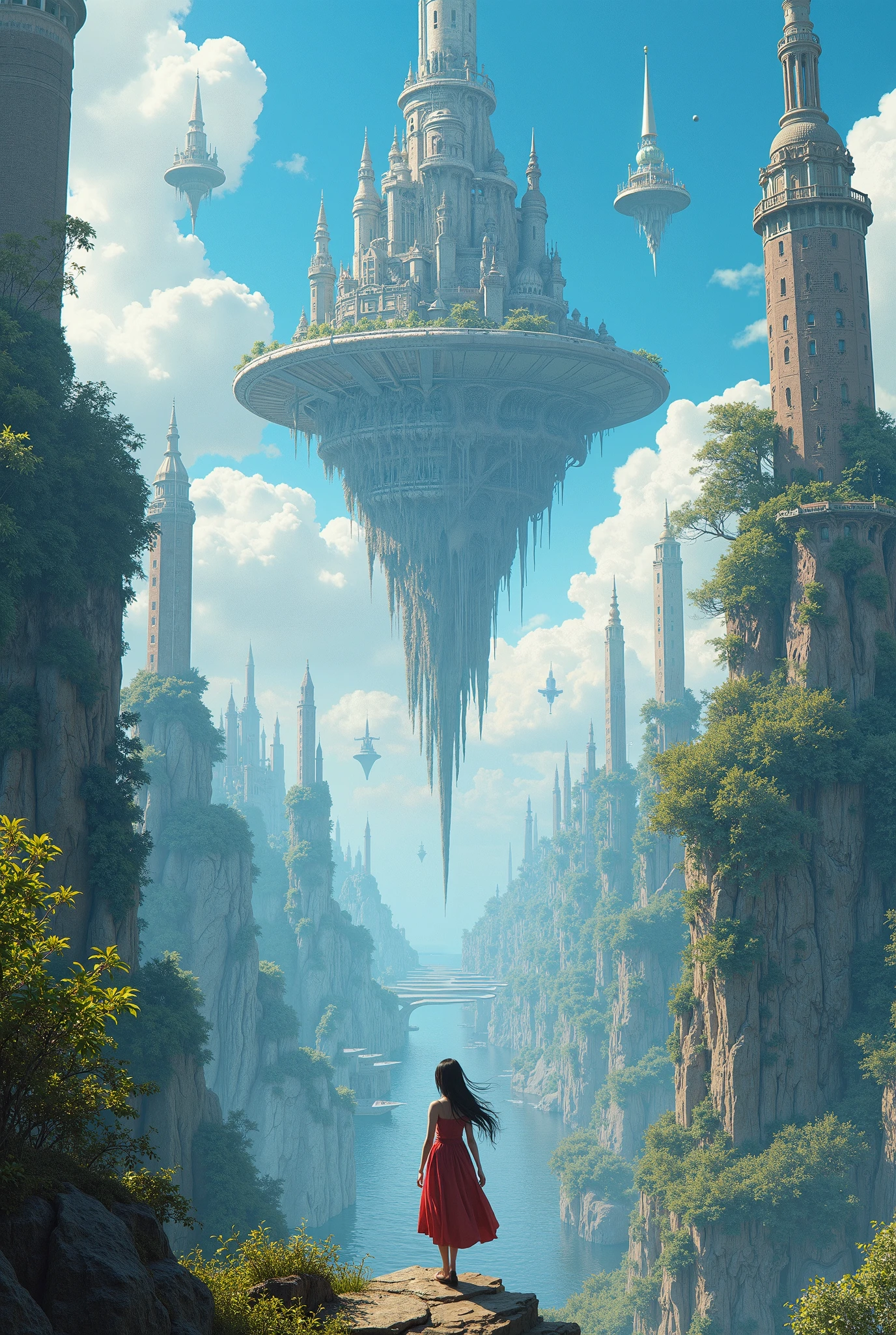 There is a woman standing on a rock looking at a castle - SeaArt AI
