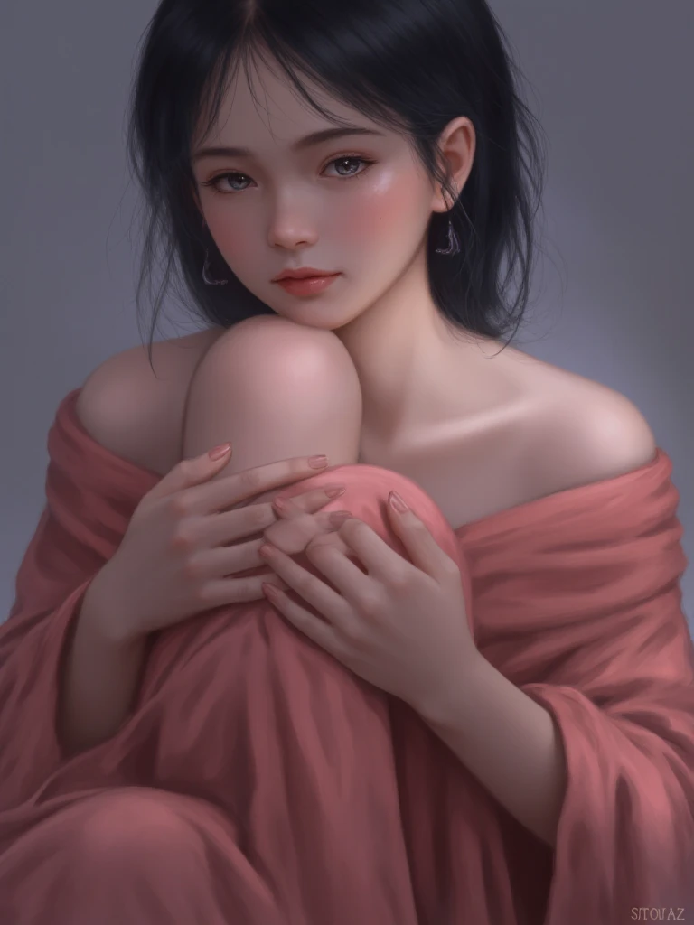 Image is a digital artwork featuring a fantasy-themed portrait of a young woman with a serene expression. She has pale skin and long, dark hair cascading over her shoulders. Her facial features are delicate, with a slight blush on her cheeks. She is wrapped in a flowing, pinkish-red fabric that drapes elegantly around her body. The background is softly blurred, focusing attention on the subject. 